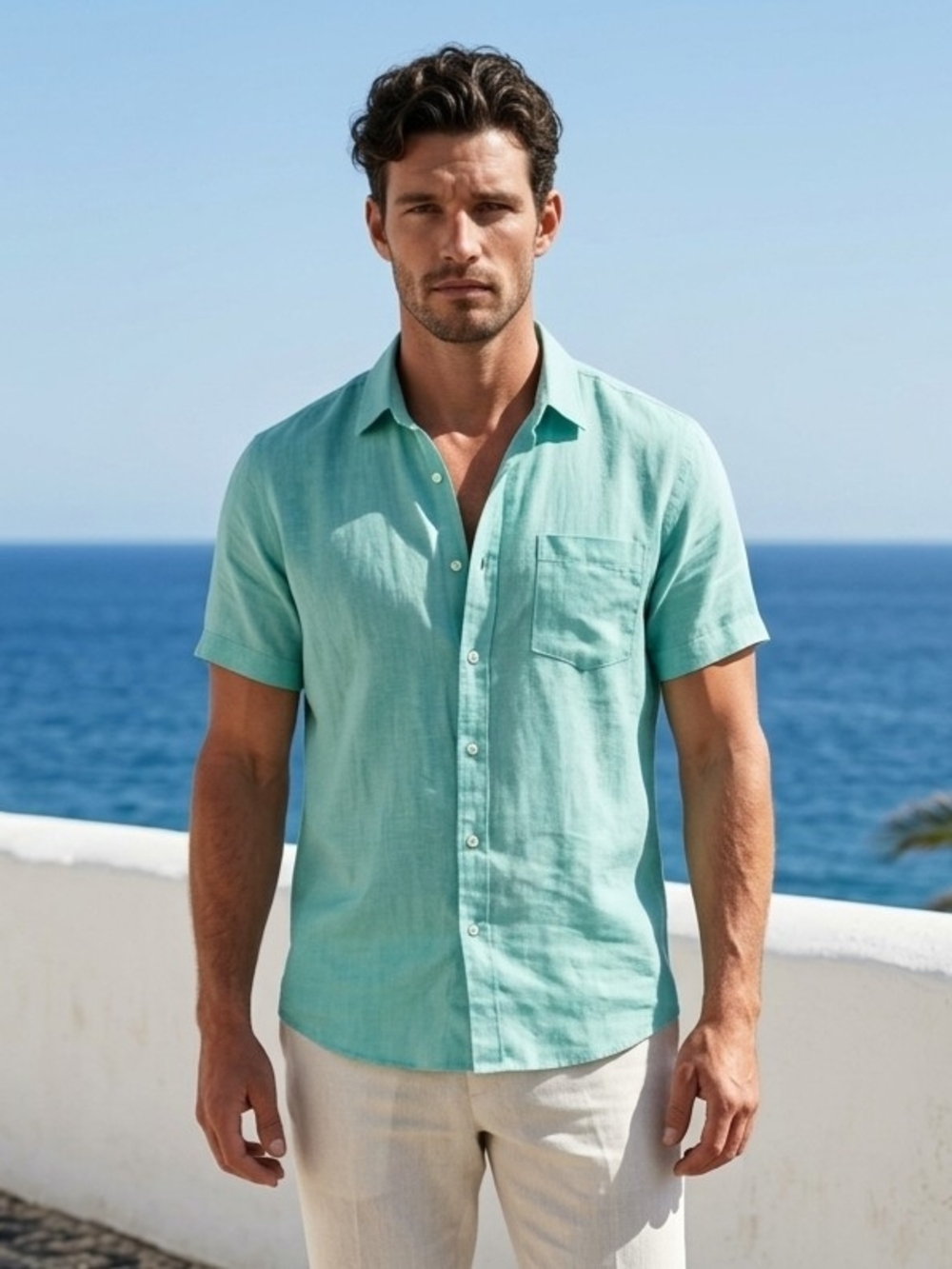 Tenth + Ocean 100% Linen Men's Shortsleeve Button-UP Shirt in Canal Blue XL EUC